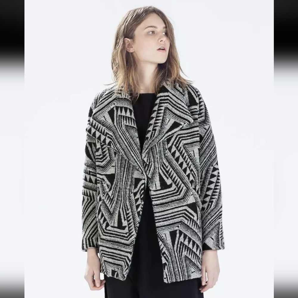 Zara Open Cardigan Monochrome Geometric Pattern Black Gray Wool Blend Size M